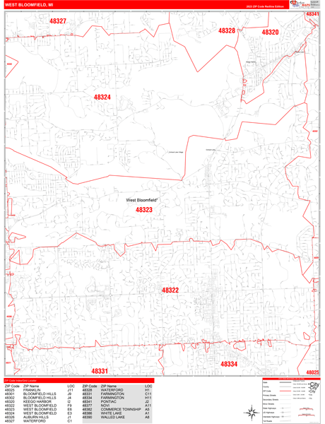 West Bloomfield City Digital Map Red Line Style